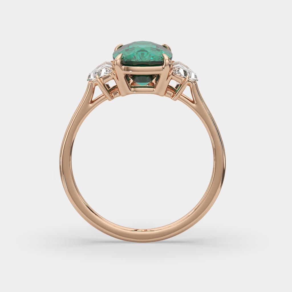 4.00 Ct Cushion Green Emerald and Diamond Three Stone Ring, in rose gold, side profile