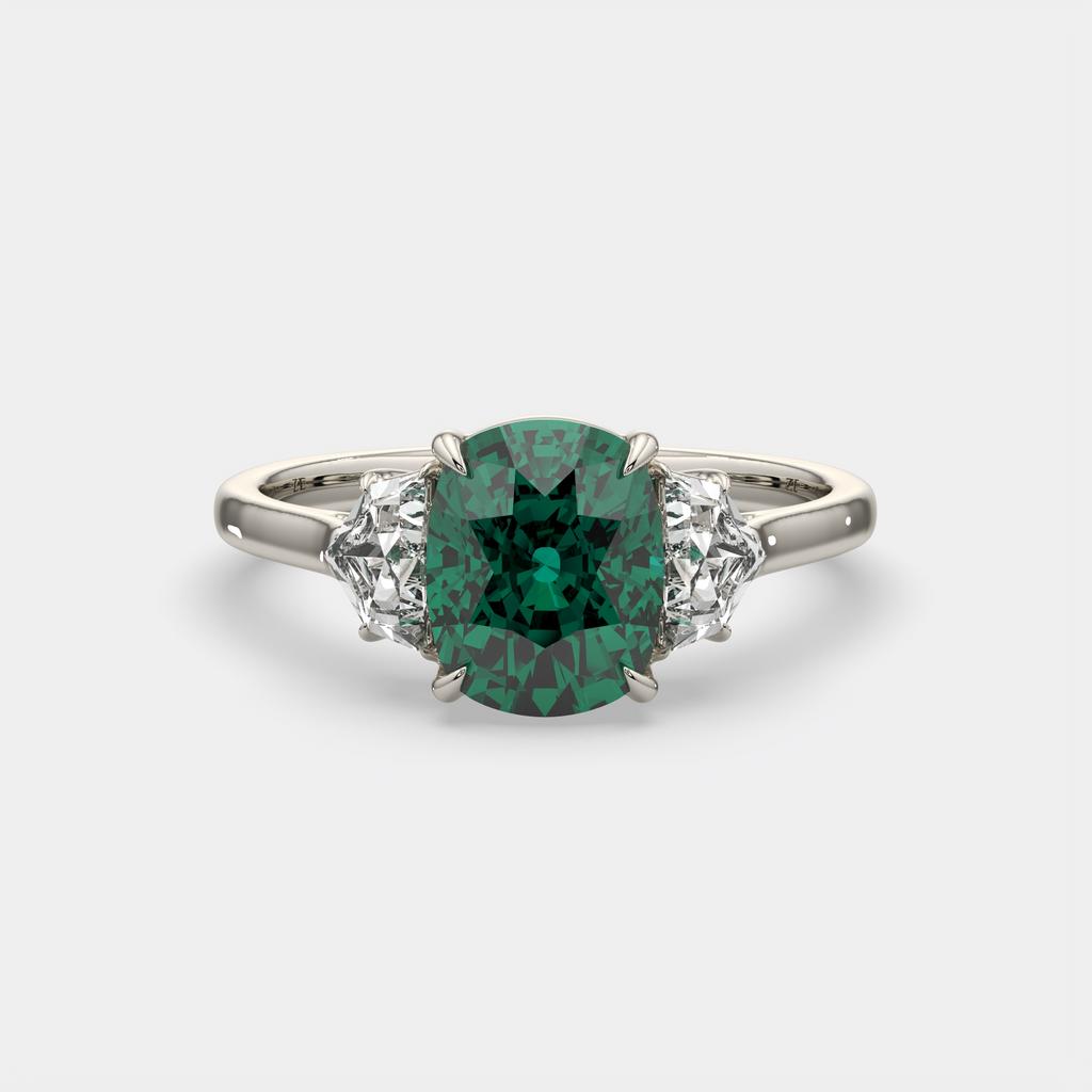 4.00 Ct Cushion Green Emerald and Diamond Three Stone Ring, in white gold, front view