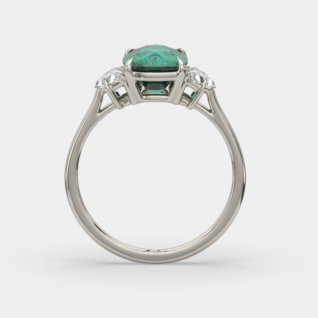 4.00 Ct Cushion Green Emerald and Diamond Three Stone Ring, in white gold, side profile
