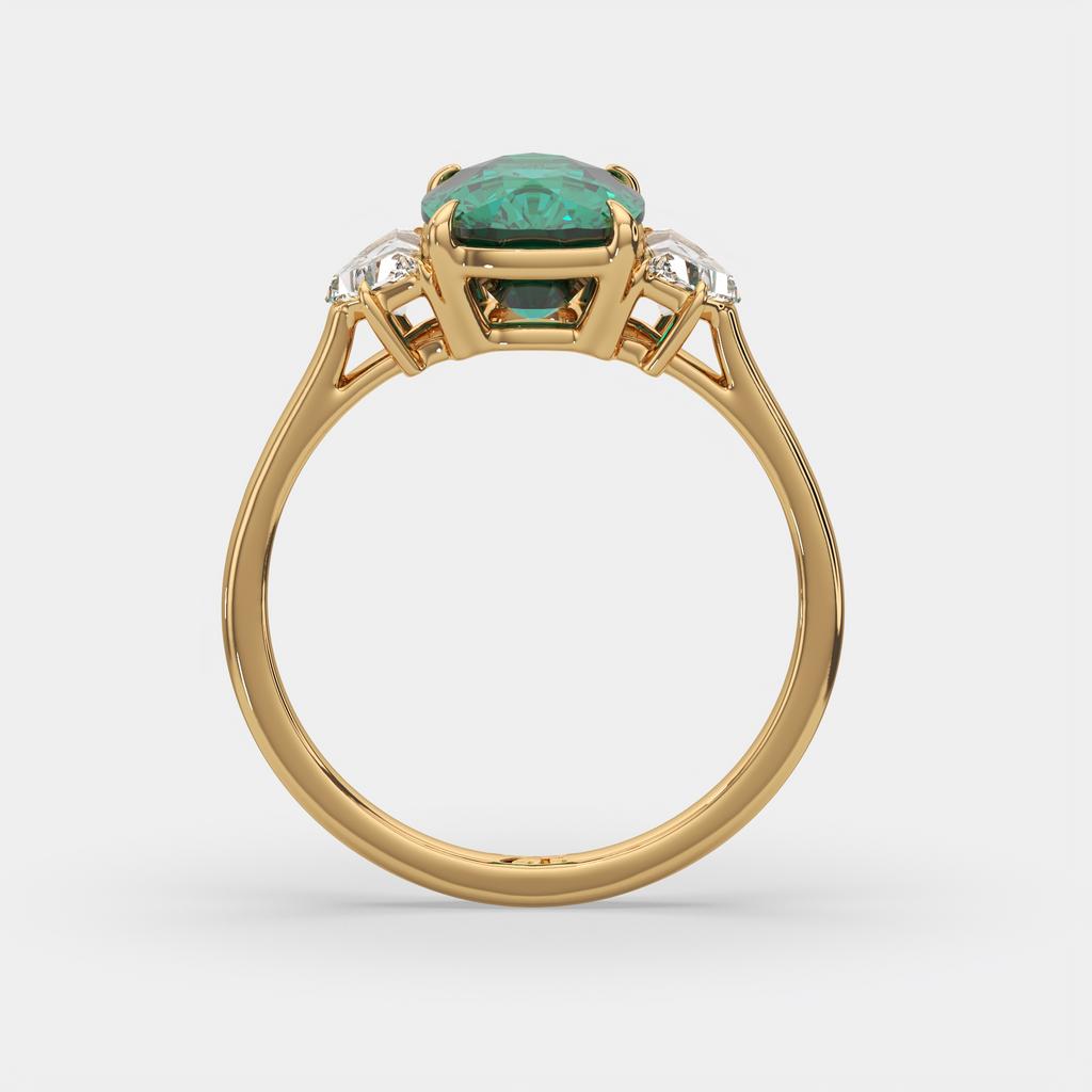 4.00 Ct Cushion Green Emerald and Diamond Three Stone Ring, in yellow gold, side profile