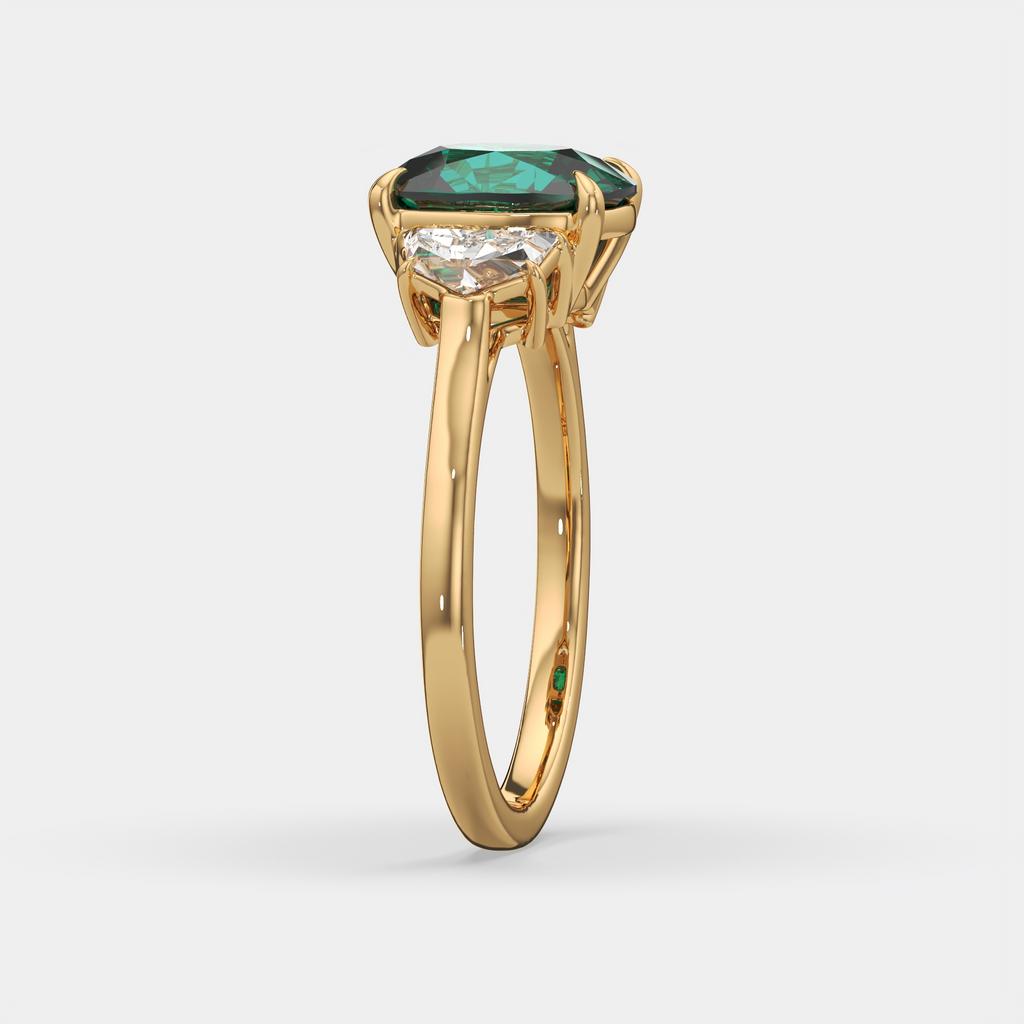 4.00 Ct Cushion Green Emerald and Diamond Three Stone Ring, in yellow gold, side profile