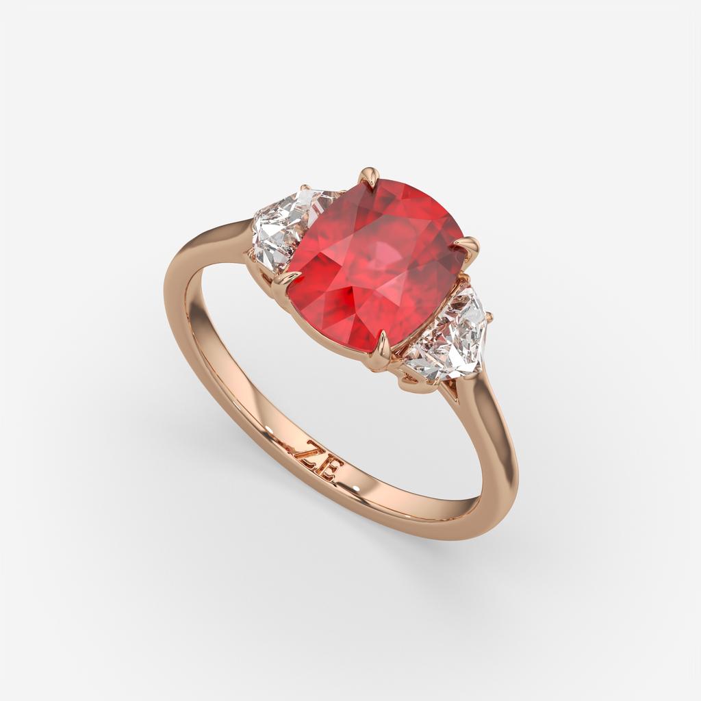 4.00 Ct Cushion Red Ruby and Diamond Three Stone Ring, in rose gold, front view