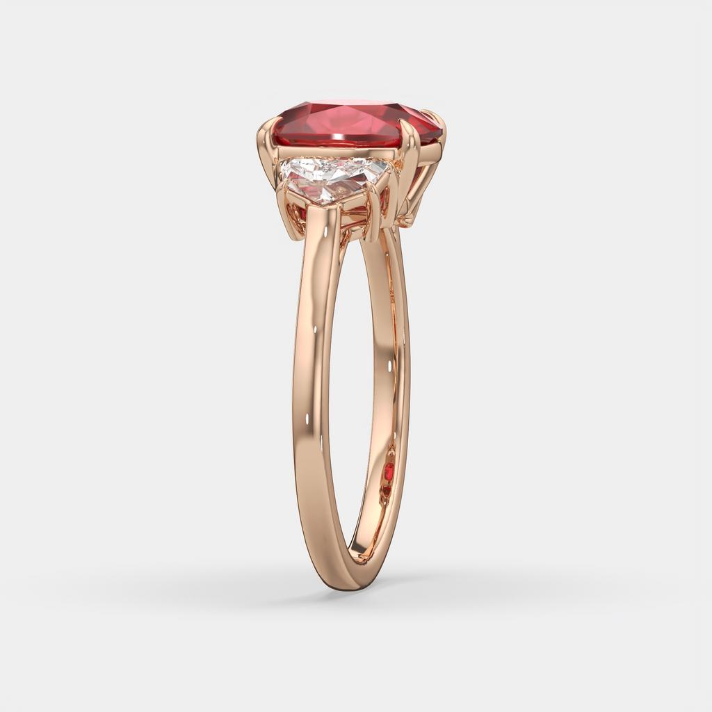 4.00 Ct Cushion Red Ruby and Diamond Three Stone Ring, in rose gold, side profile