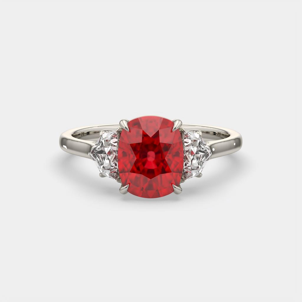 4.00 Ct Cushion Red Ruby and Diamond Three Stone Ring, in white gold, front view