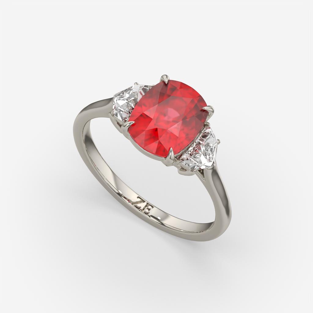 4.00 Ct Cushion Red Ruby and Diamond Three Stone Ring, in white gold, front view