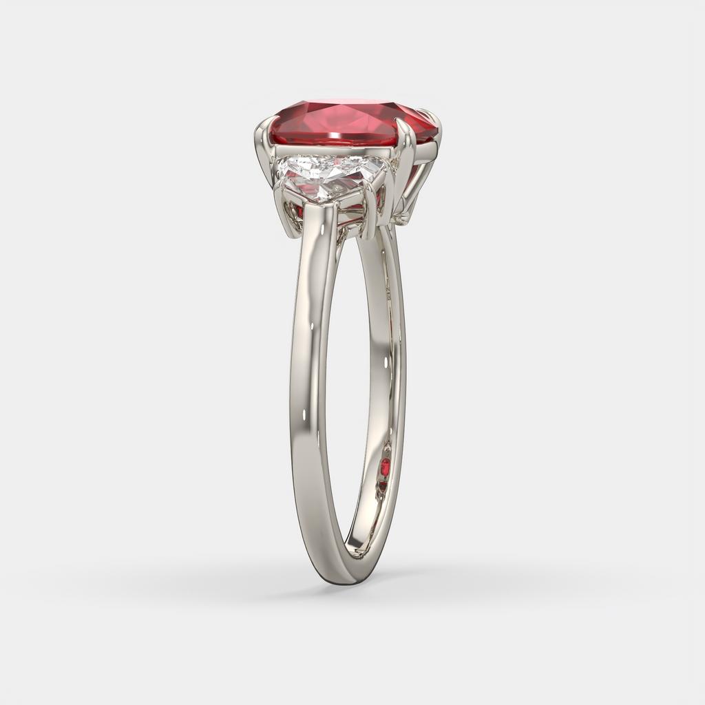 4.00 Ct Cushion Red Ruby and Diamond Three Stone Ring, in white gold, side profile
