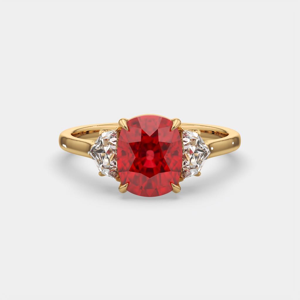 4.00 Ct Cushion Red Ruby and Diamond Three Stone Ring, in yellow gold, front view