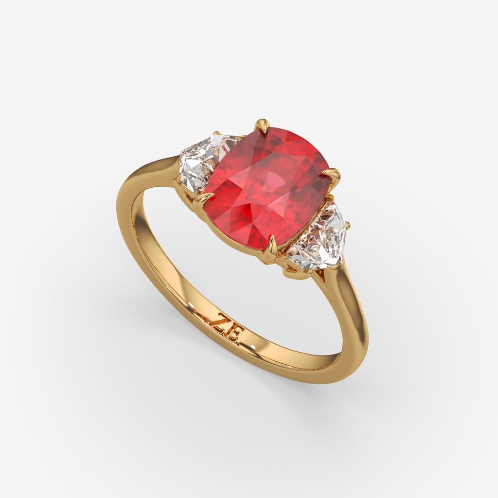 4.00 Ct Cushion Red Ruby and Diamond Three Stone Ring, in yellow gold, front view