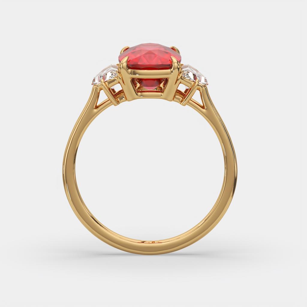 4.00 Ct Cushion Red Ruby and Diamond Three Stone Ring, in yellow gold, side profile