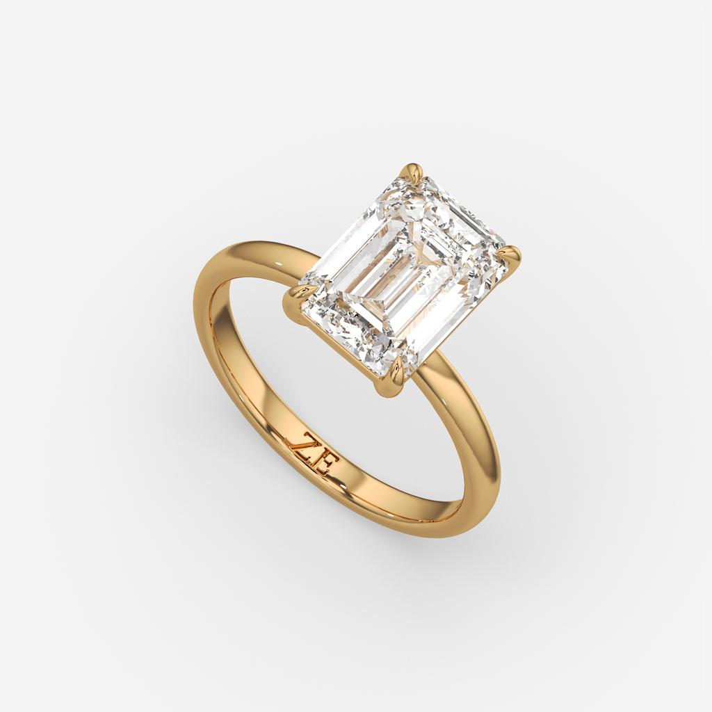 4.00 Ct D VS1 Emerald Cut Lab-Grown Diamond Solitaire Ring, in yellow gold, front view