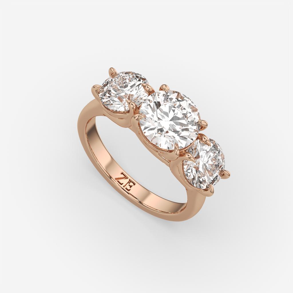 4.00 Ct D Color VS1 Round Lab Grown Diamond 3 Stone Ring, in rose gold, front view