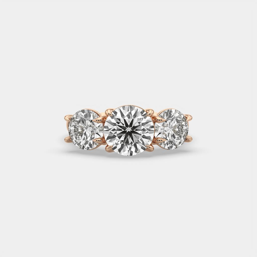 4.00 Ct D Color VS1 Round Lab Grown Diamond 3 Stone Ring, in rose gold, front view