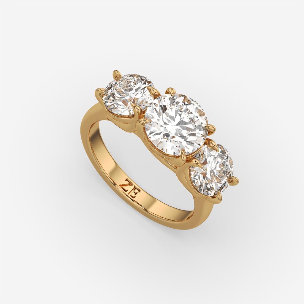 4.00 Ct D Color VS1 Round Lab Grown Diamond 3 Stone Ring, in yellow gold, front view