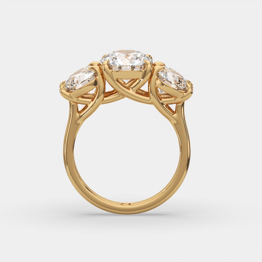 4.00 Ct D Color VS1 Round Lab Grown Diamond 3 Stone Ring, in yellow gold, side profile