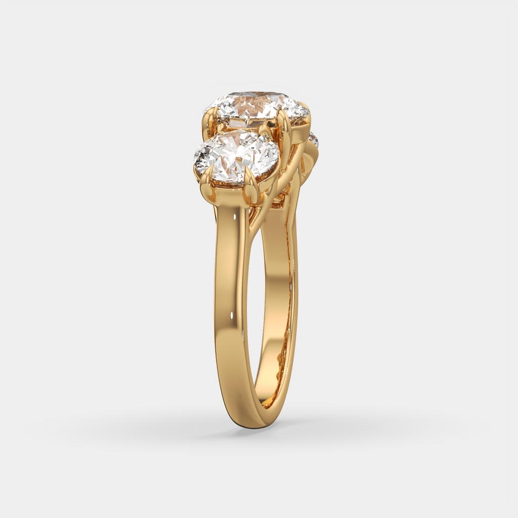 4.00 Ct D Color VS1 Round Lab Grown Diamond 3 Stone Ring, in yellow gold, side profile