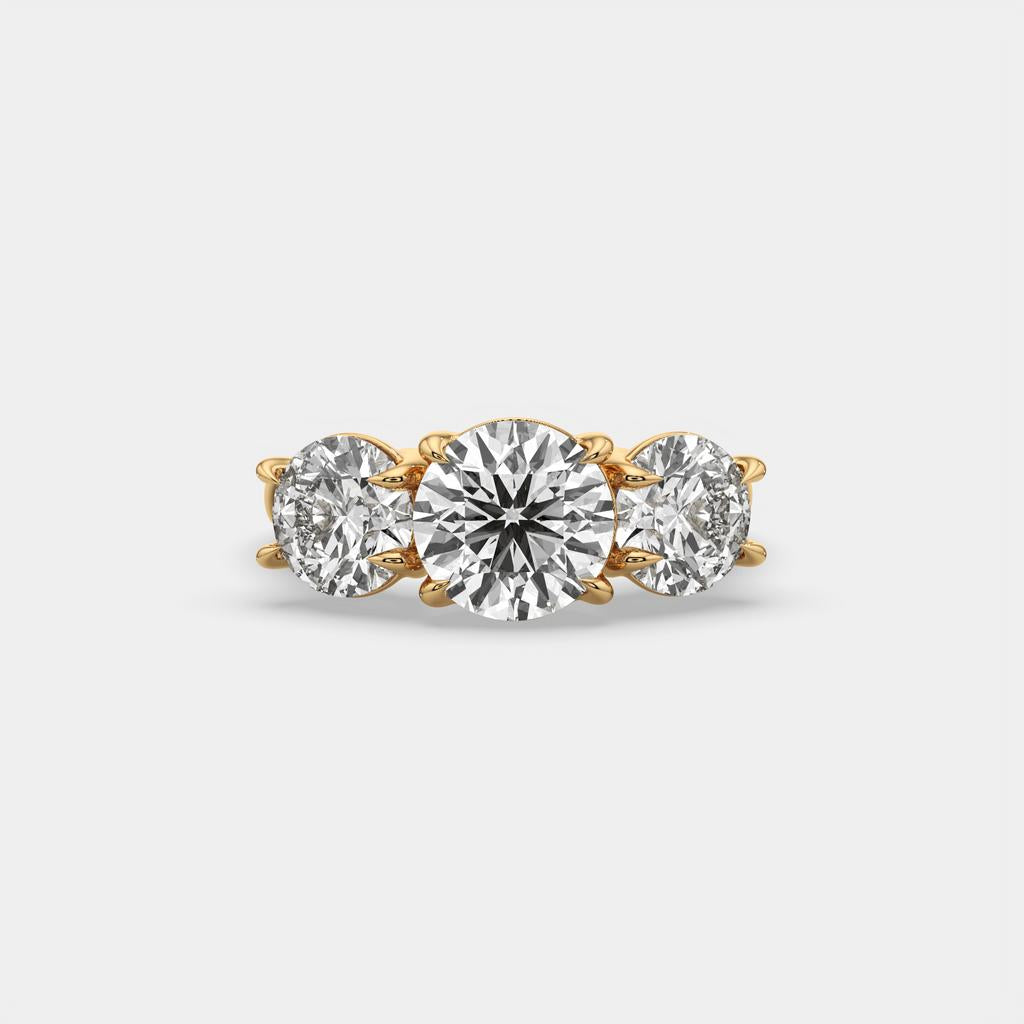 4.00 Ct D Color VS1 Round Lab Grown Diamond 3 Stone Ring, in yellow gold, top view
