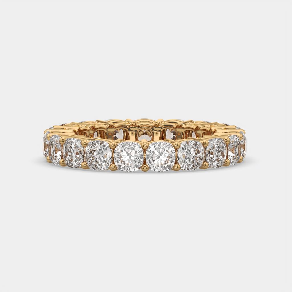 4.00 Ct D-E Color VS1 Cushion Lab Diamond Eternity Ring, in yellow gold, front view