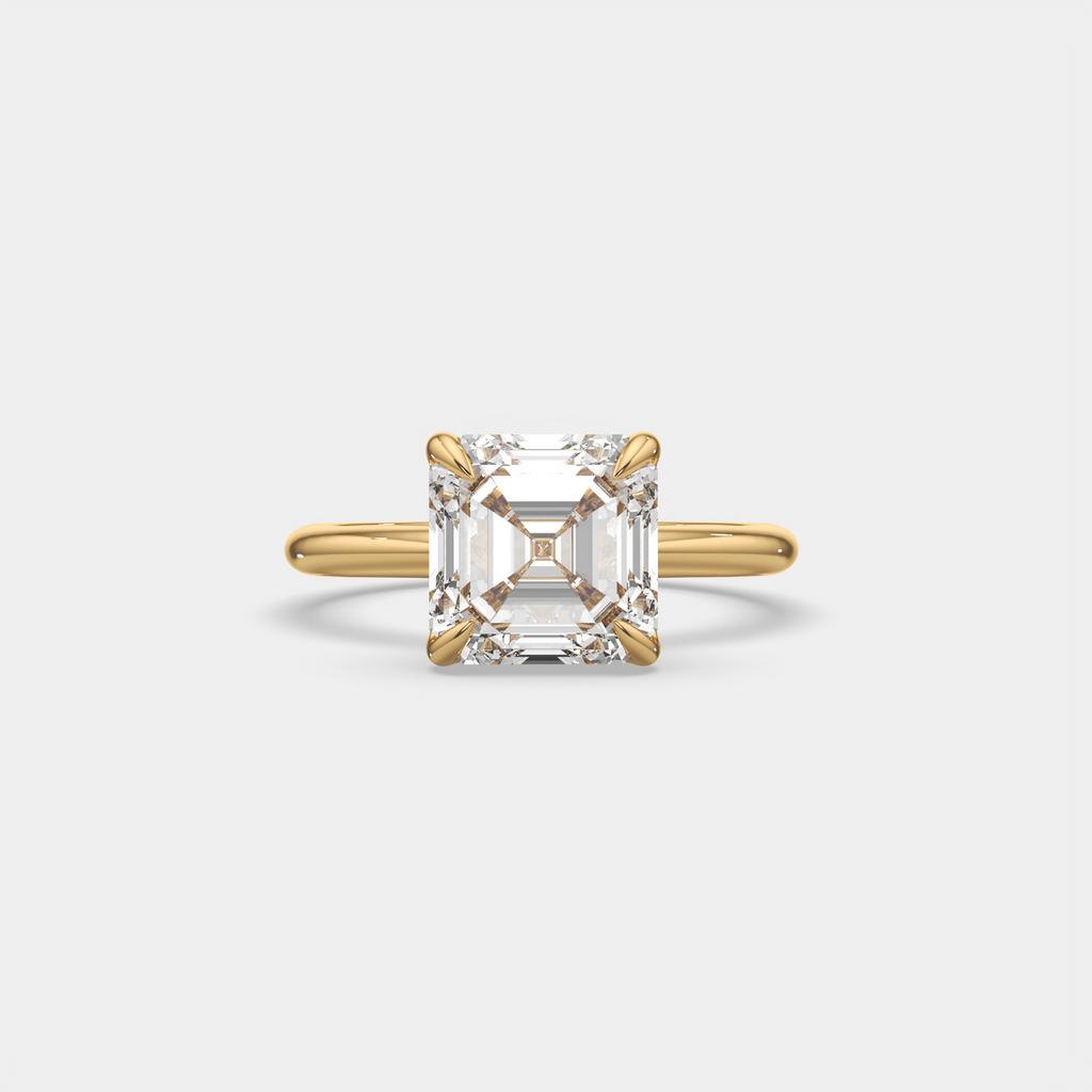 4.00 Ct E VS1 Asscher Cut Lab-Grown Diamond Solitaire Ring, in yellow gold, front view