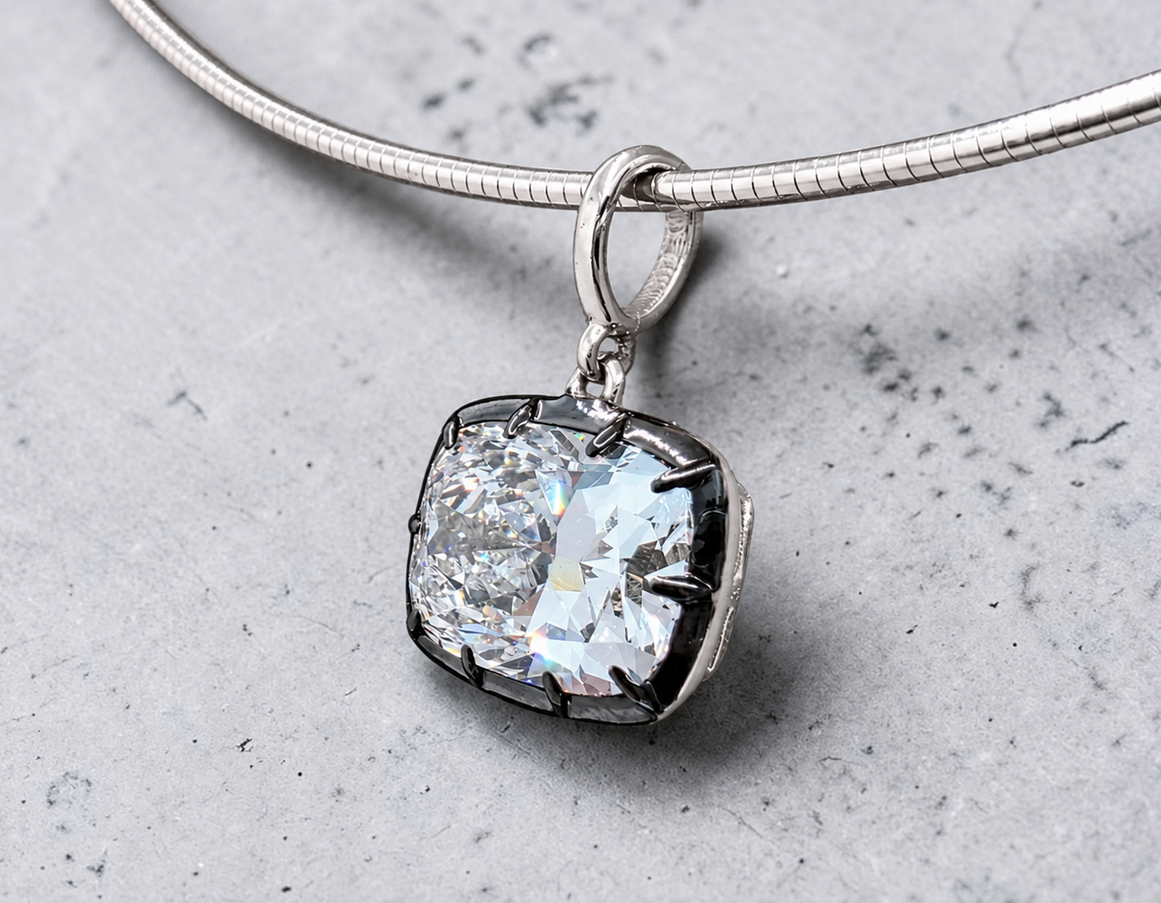 4.00 Ct E VS1 Cushion Lab-Grown Diamond Georgian Pendant, in white gold, front view