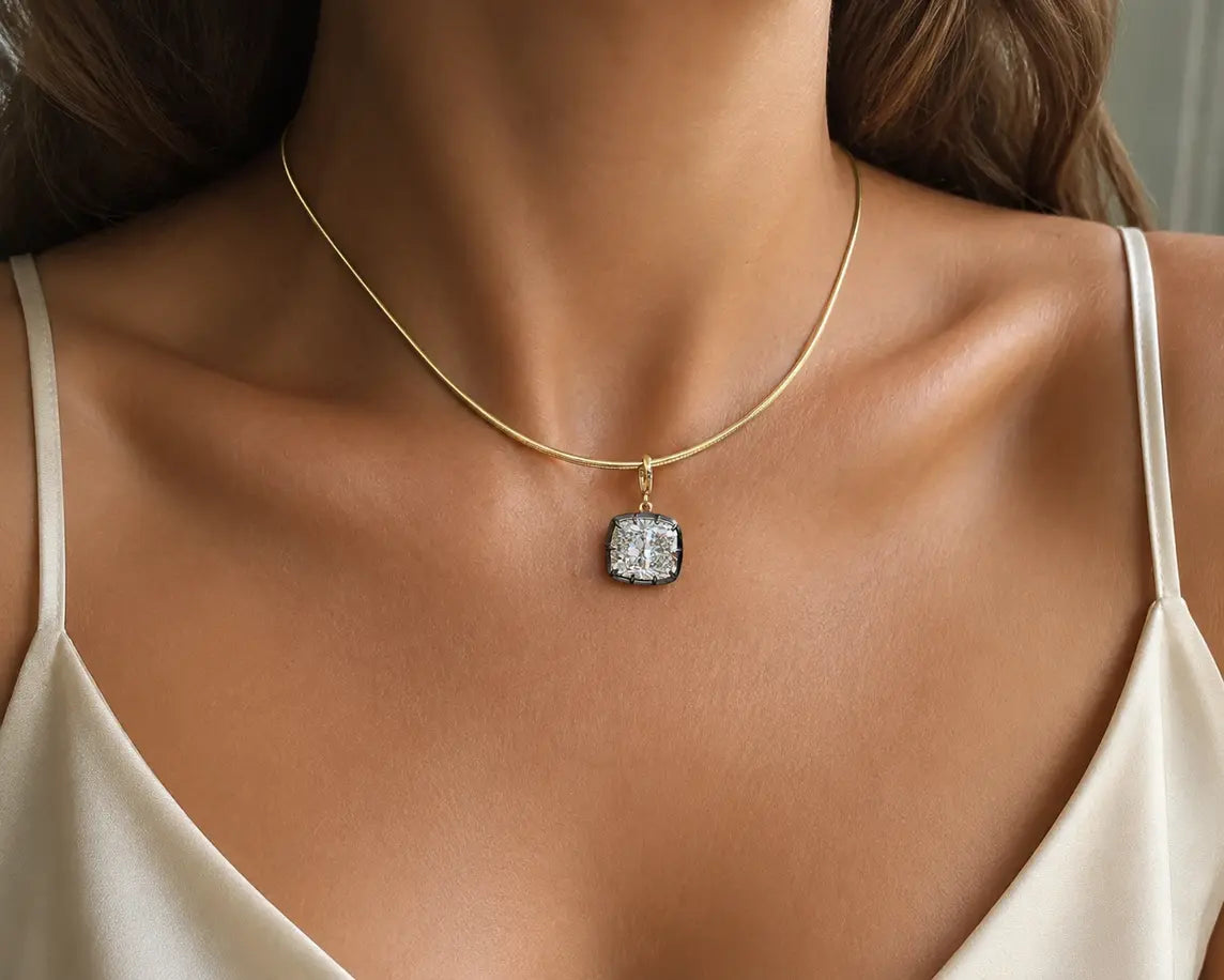 4.00 Ct E VS1 Cushion Lab-Grown Diamond Georgian Pendant, in yellow gold, front view