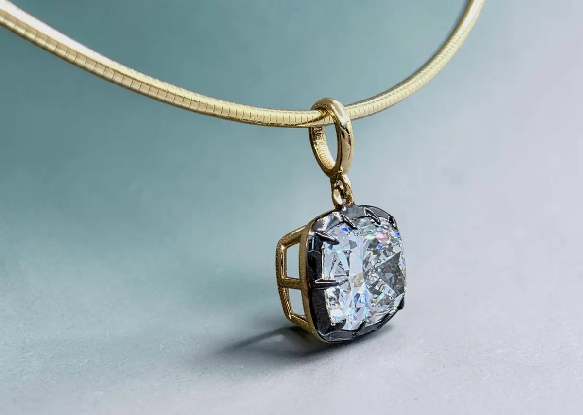 4.00 Ct E VS1 Cushion Lab-Grown Diamond Georgian Pendant, in yellow gold, front view