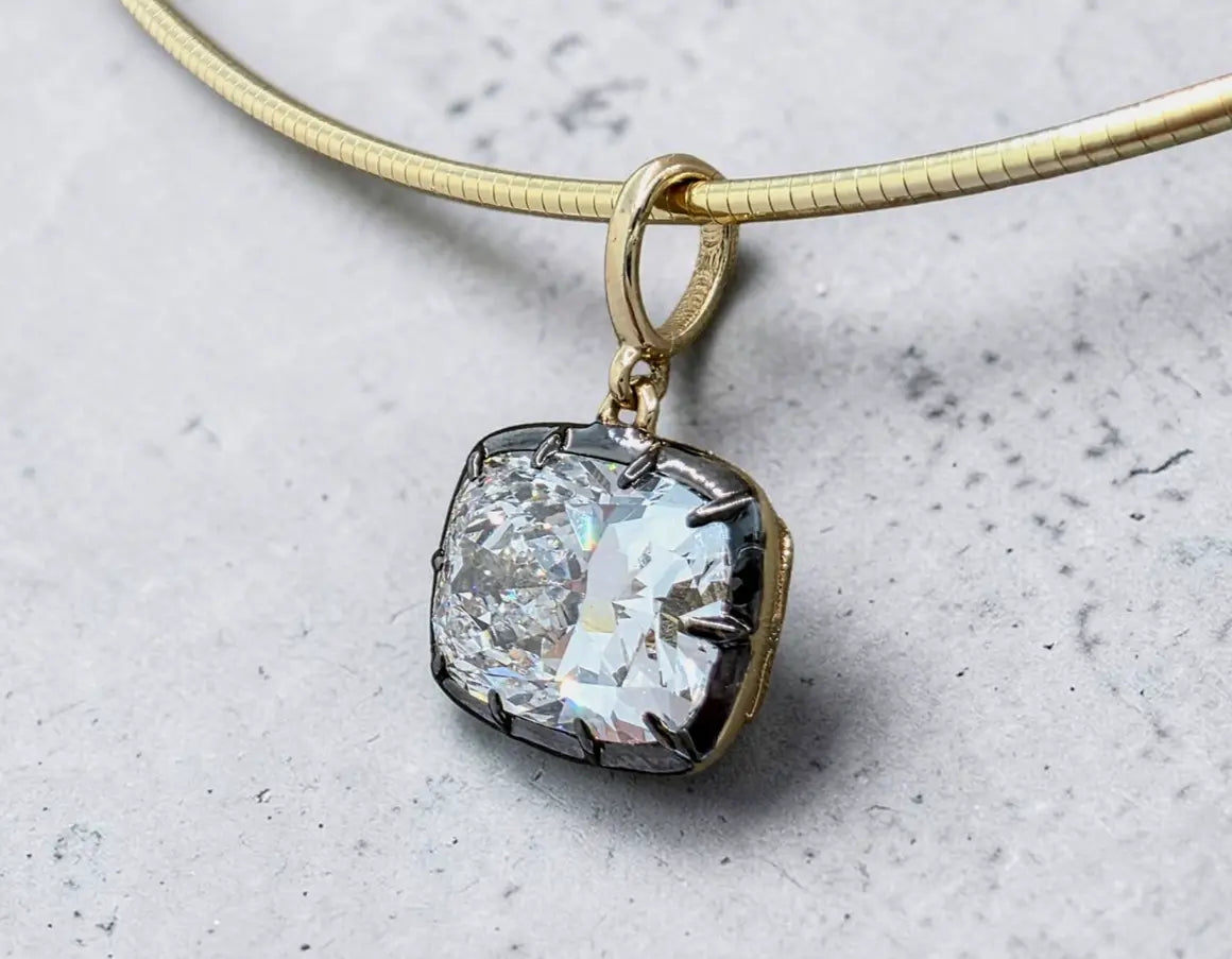 4.00 Ct E VS1 Cushion Lab-Grown Diamond Georgian Pendant, in yellow gold, front view