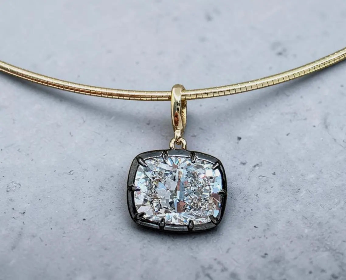 4.00 Ct E VS1 Cushion Lab-Grown Diamond Georgian Pendant, in yellow gold, front view