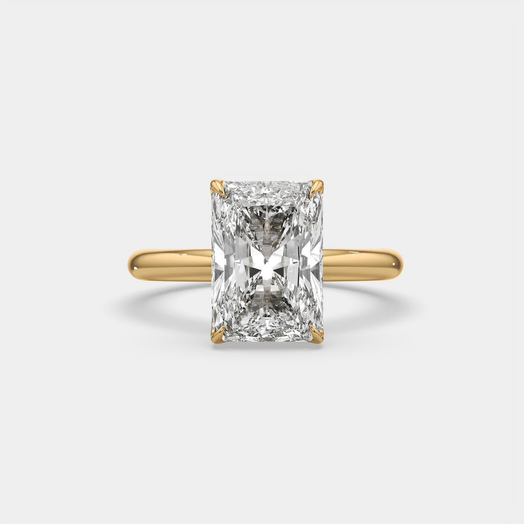 4.00 Ct E VS1 Radiant Cut Lab-Grown Diamond Solitaire Ring, in yellow gold, front view