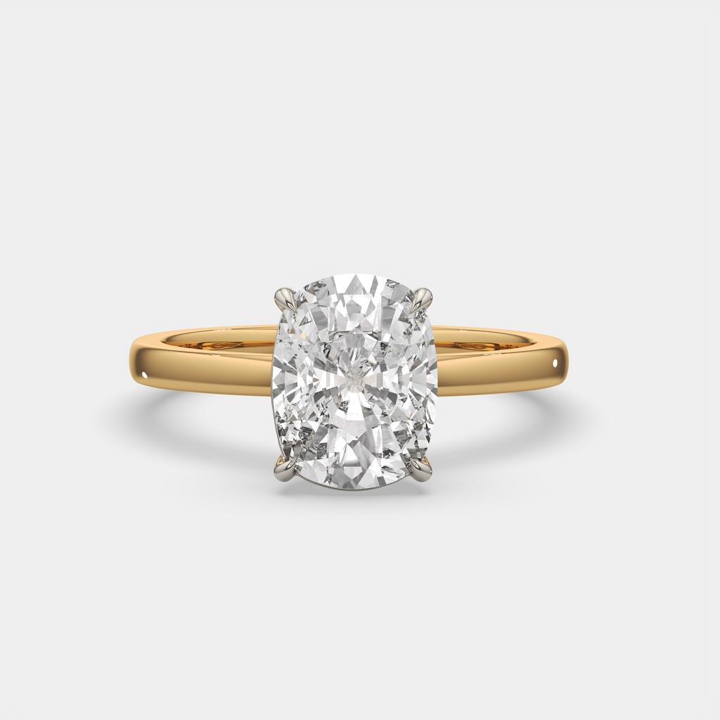 4.00 Ct F VS1 Elongated Cushion Solitaire Lab Diamond Ring, in yellow gold, front view