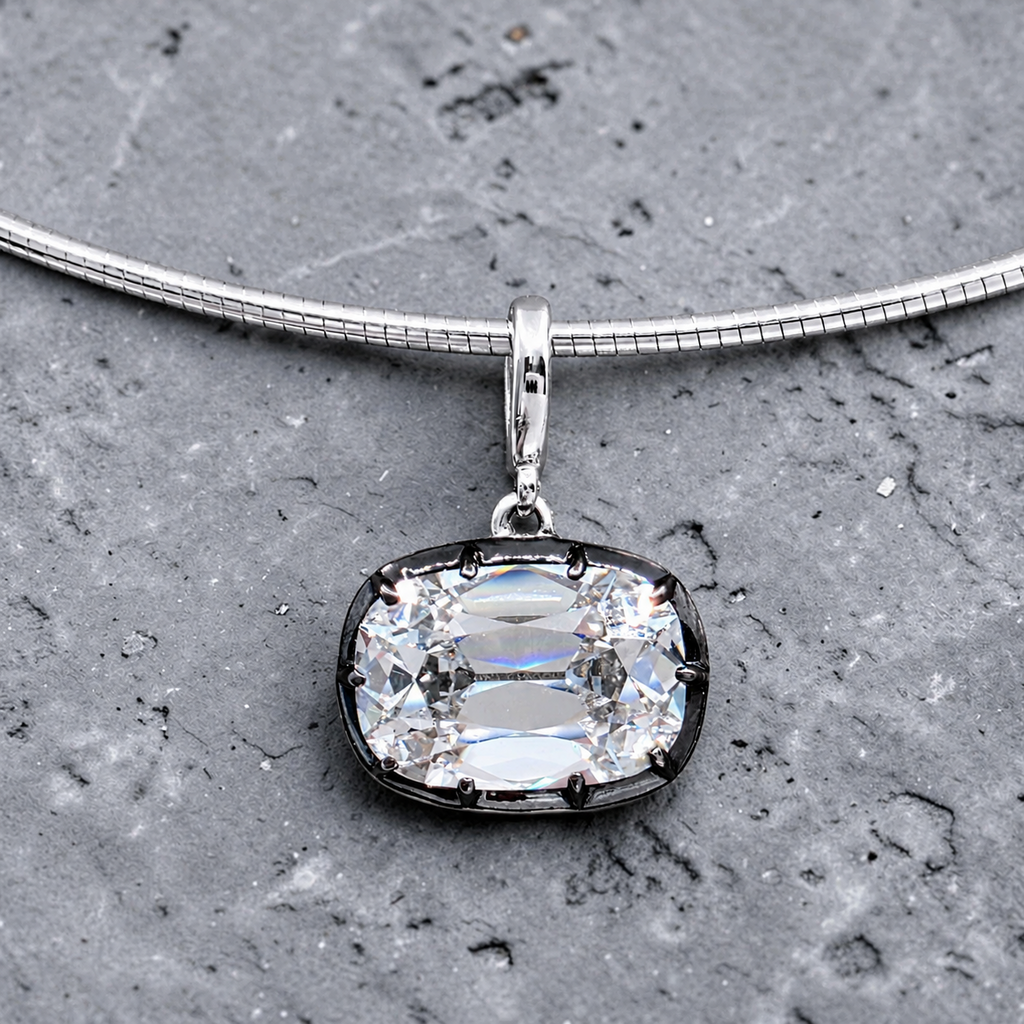 4.00 Ct F VS1 Old Mine Cushion Lab-Grown Diamond Georgian Pendant, in white gold, front view
