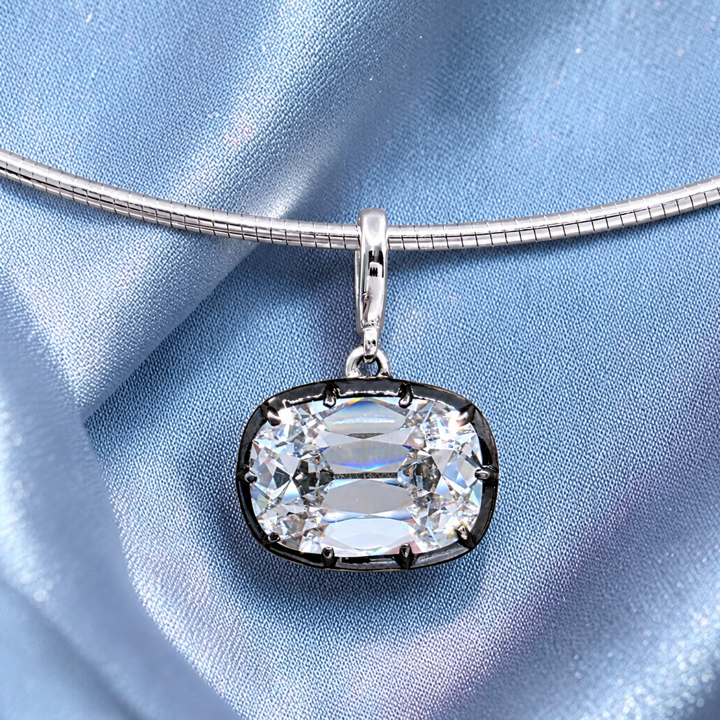 4.00 Ct F VS1 Old Mine Cushion Lab-Grown Diamond Georgian Pendant, in white gold, front view