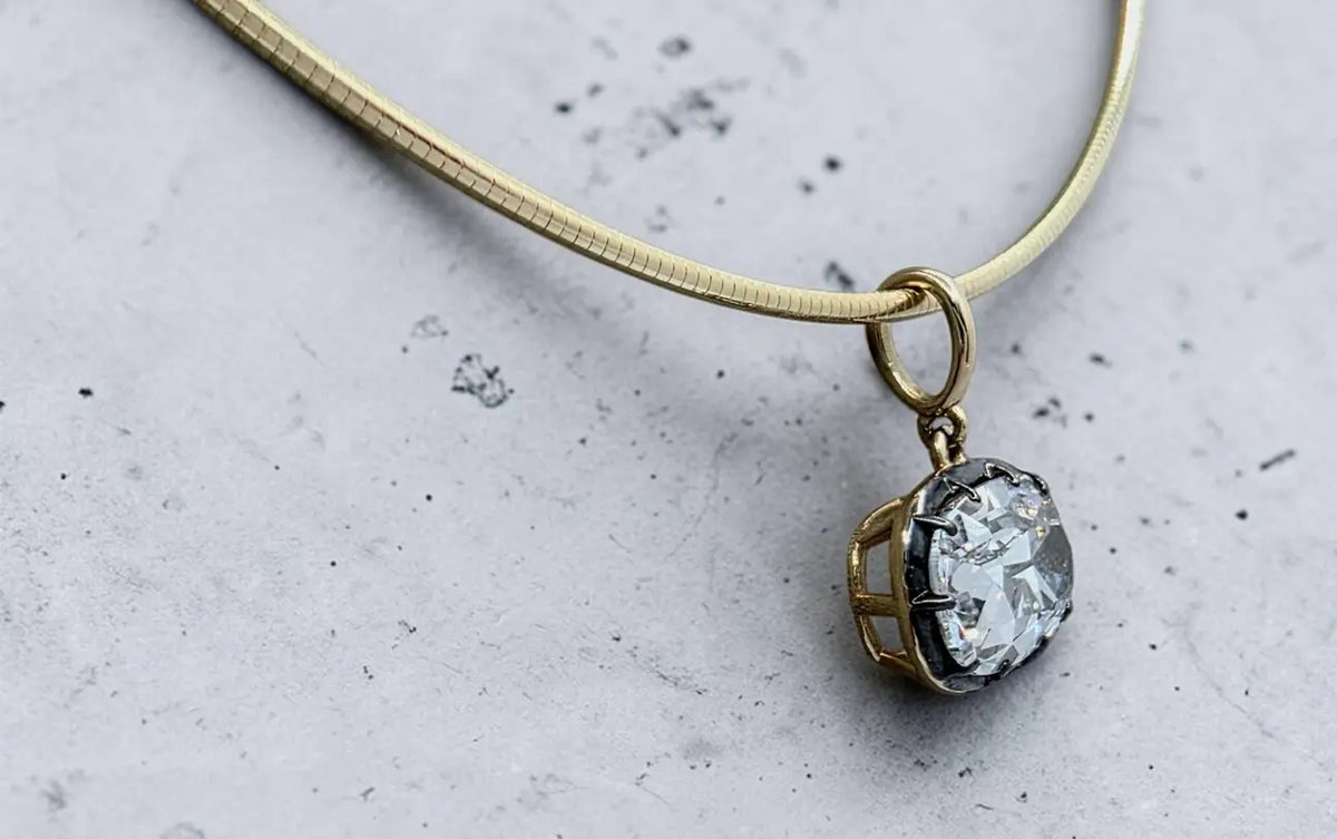 4.00 Ct F VS1 Old Mine Cushion Lab-Grown Diamond Georgian Pendant, in yellow gold, front view