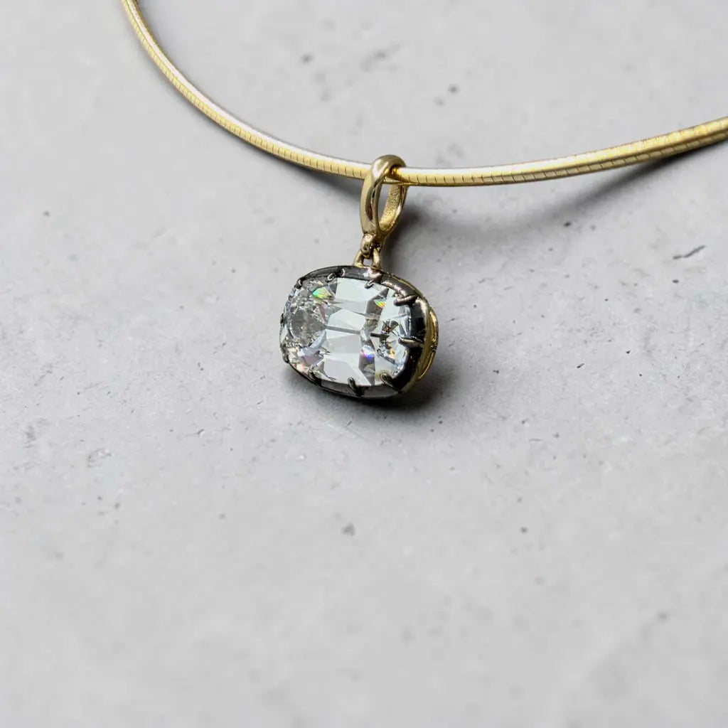 4.00 Ct F VS1 Old Mine Cushion Lab-Grown Diamond Georgian Pendant, in yellow gold, front view