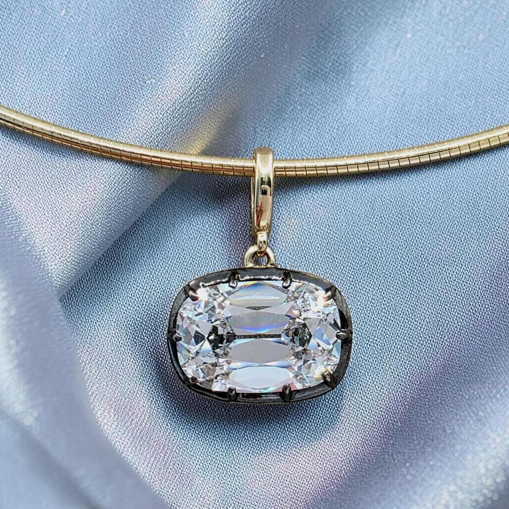 4.00 Ct F VS1 Old Mine Cushion Lab-Grown Diamond Georgian Pendant, in yellow gold, front view