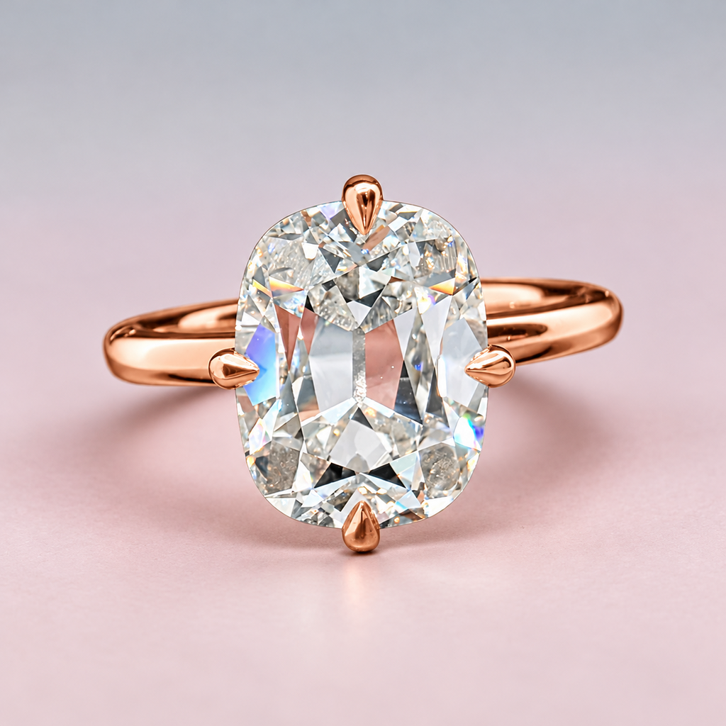 4.00 Ct F VS1 Old Mine Cushion Lab-Grown Diamond Solitaire Ring, in rose gold, front view