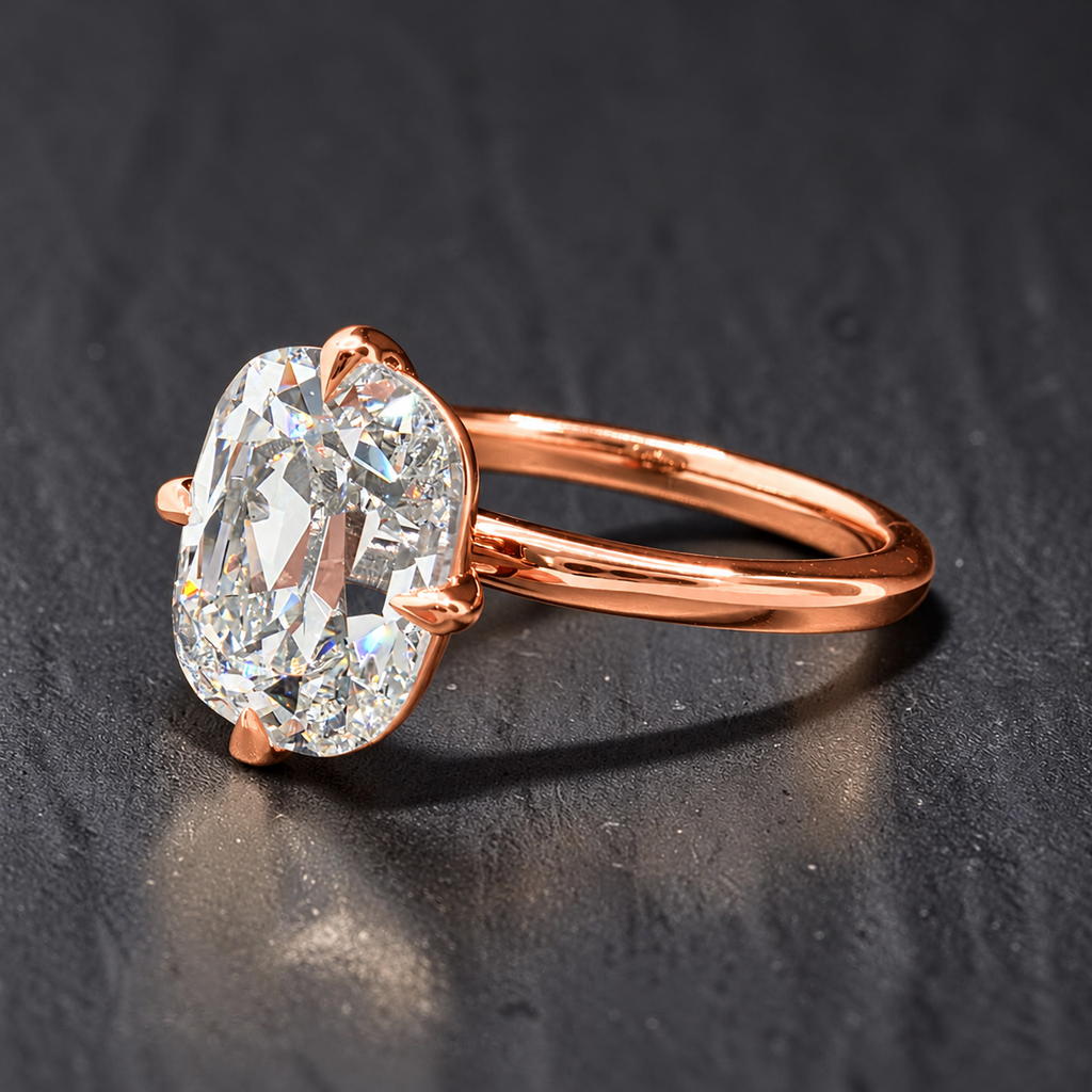 4.00 Ct F VS1 Old Mine Cushion Lab-Grown Diamond Solitaire Ring, in rose gold, front view