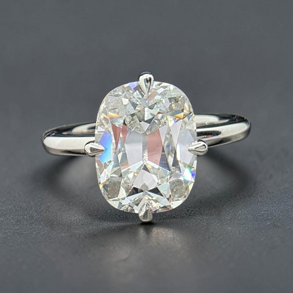 4.00 Ct F VS1 Old Mine Cushion Lab-Grown Diamond Solitaire Ring, in white gold, front view