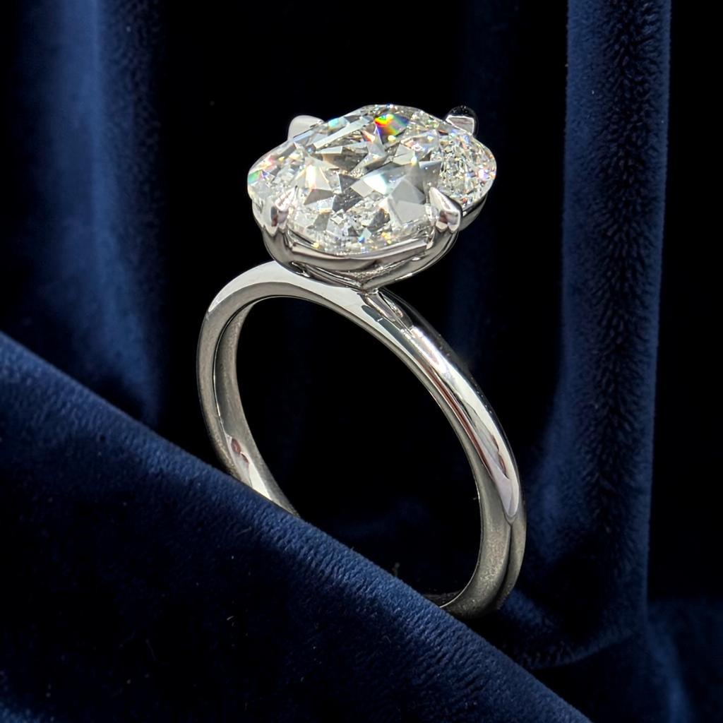 4.00 Ct F VS1 Old Mine Cushion Lab-Grown Diamond Solitaire Ring, in white gold, front view