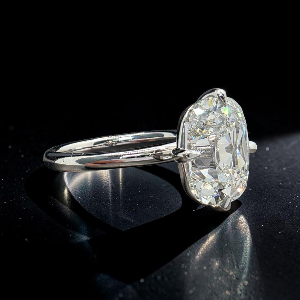 4.00 Ct F VS1 Old Mine Cushion Lab-Grown Diamond Solitaire Ring, in white gold, side profile