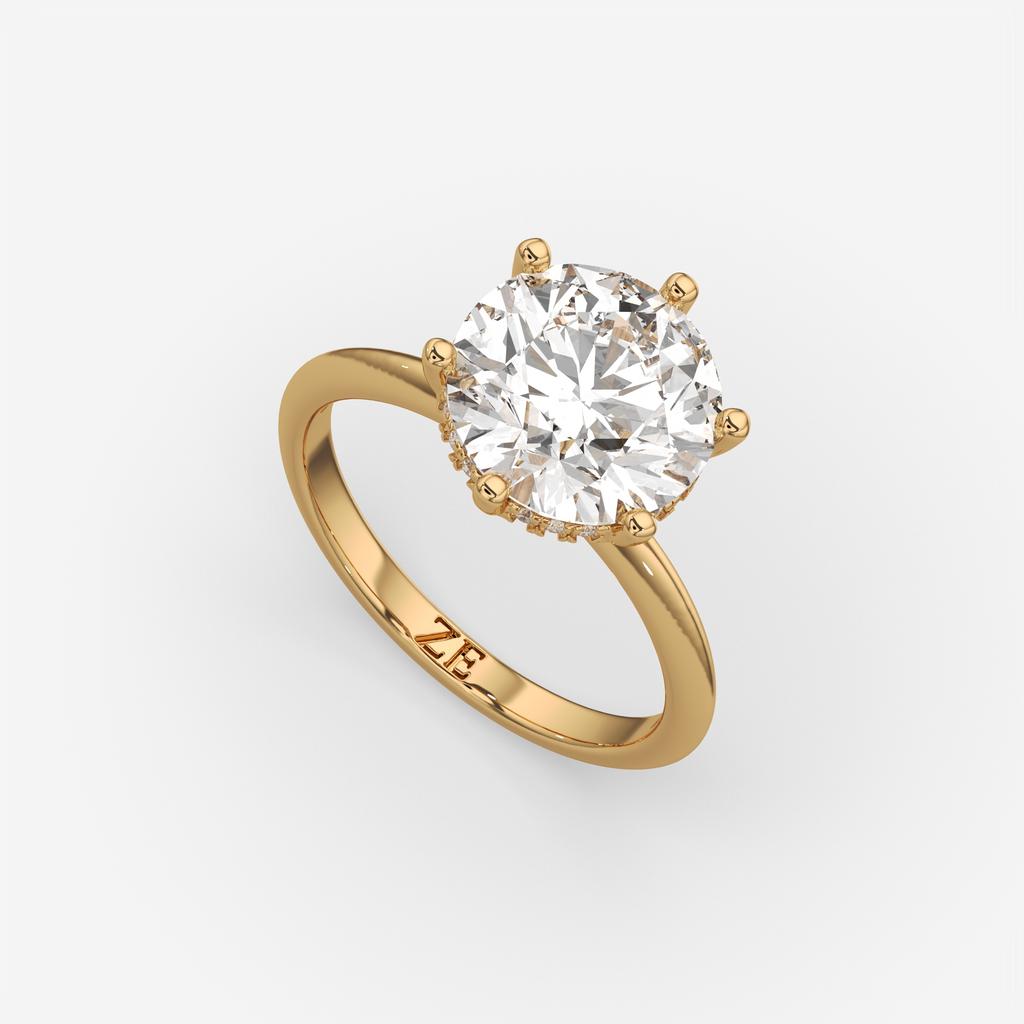 4.10 Ct E VS1 Round Lab-Grown Diamond Hidden Halo Engagement Ring, in yellow gold, front view