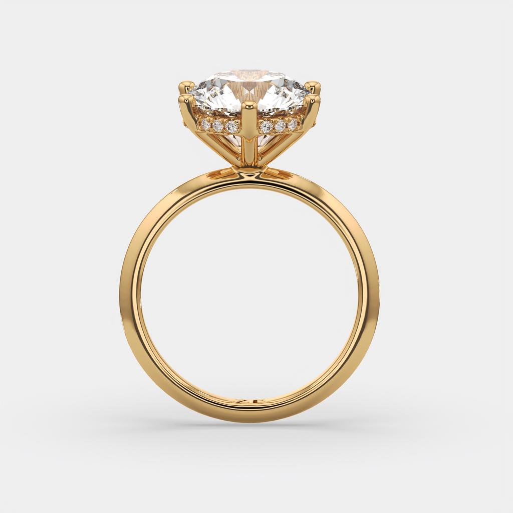 4.10 Ct E VS1 Round Lab-Grown Diamond Hidden Halo Engagement Ring, in yellow gold, side profile