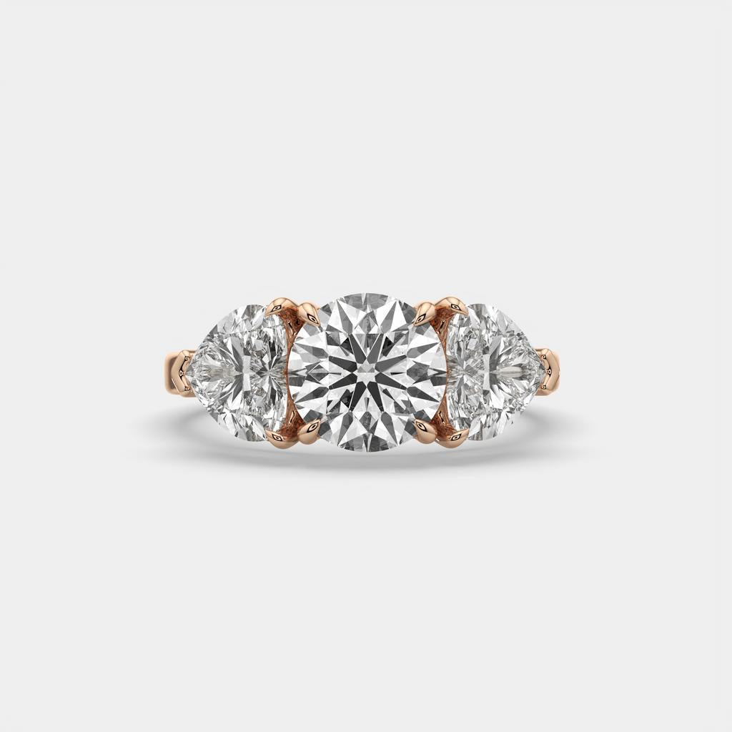 4.15 Ct D VS1 Round 3 Stone Ring With Heart Shape Accents and Halo, in rose gold, front view