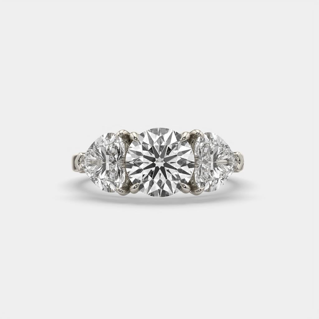 4.15 Ct D VS1 Round 3 Stone Ring With Heart Shape Accents and Halo, in white gold, front view