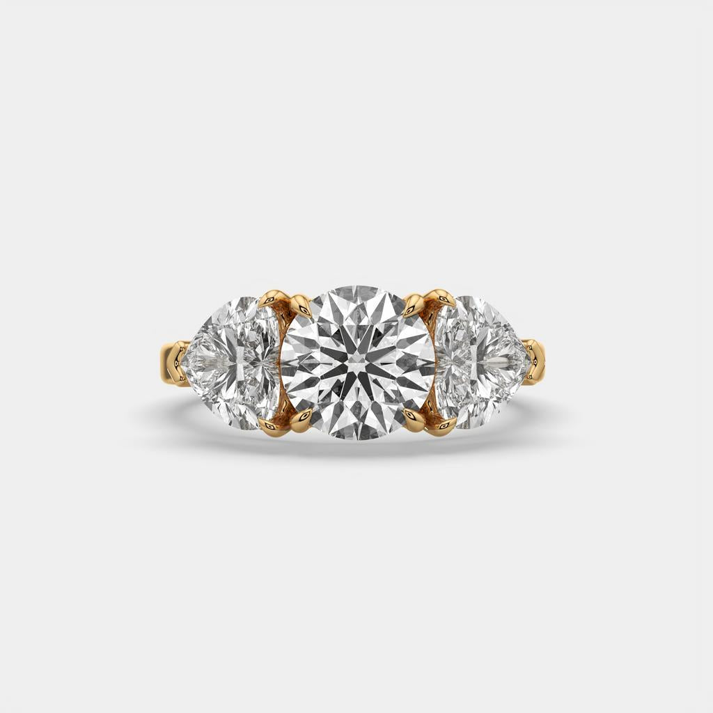4.15 Ct D VS1 Round 3 Stone Ring With Heart Shape Accents and Halo, in yellow gold, front view