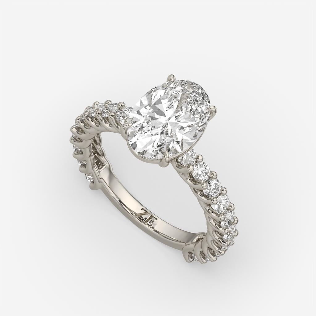 4.20 Ct Oval E VS1 Diamond Ring With Baguette and Round Accents, in white gold, front view