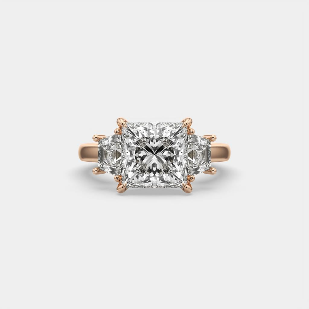 4.60 Ct E VS1 Princess Cut Lab-Grown Diamond Three Stone Ring with Trapezoid Accents, in rose gold, top view