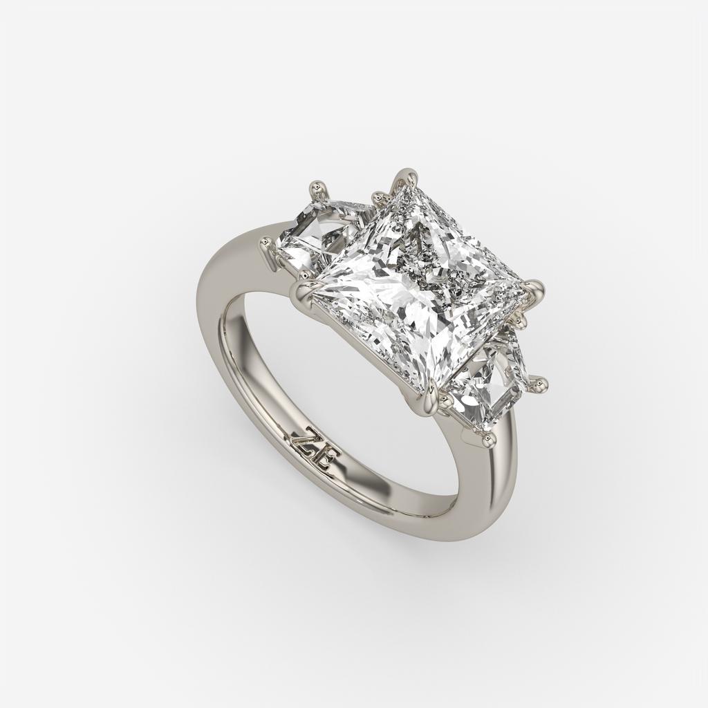 4.60 Ct E VS1 Princess Cut Lab-Grown Diamond Three Stone Ring with Trapezoid Accents, in white gold, front view