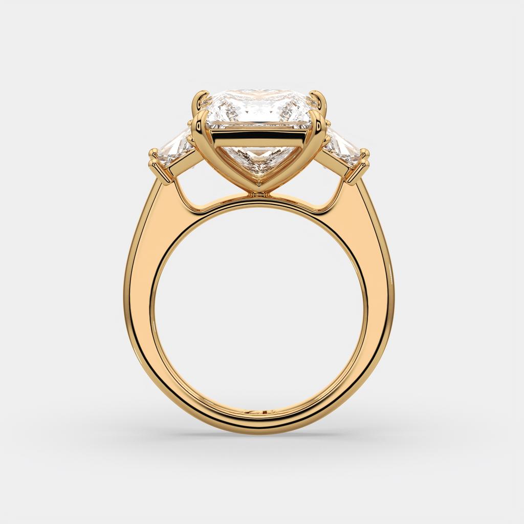 4.60 Ct E VS1 Princess Cut Lab-Grown Diamond Three Stone Ring with Trapezoid Accents, in yellow gold, side profile