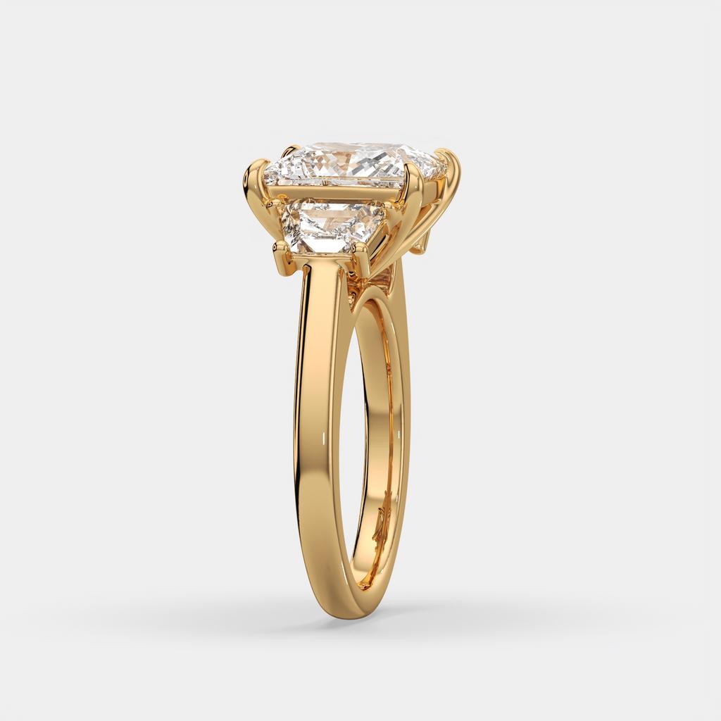 4.60 Ct E VS1 Princess Cut Lab-Grown Diamond Three Stone Ring with Trapezoid Accents, in yellow gold, side profile
