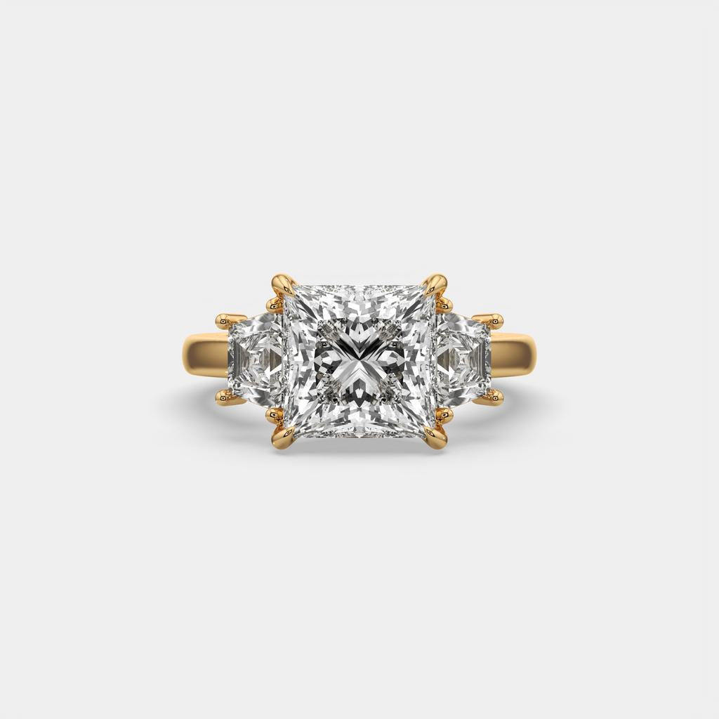 4.60 Ct E VS1 Princess Cut Lab-Grown Diamond Three Stone Ring with Trapezoid Accents, in yellow gold, top view